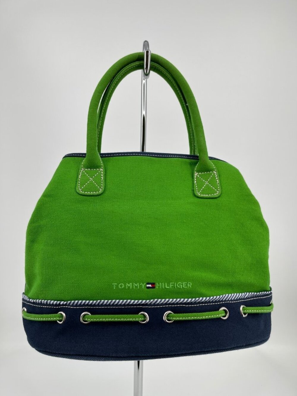 Tommy Hilfiger Canvas Tote Handbag Green Navy Blue Nautical Stripe Large
